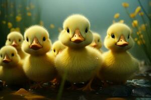 ai generado linda mullido pequeño pequeño amarillo patos ai generado foto