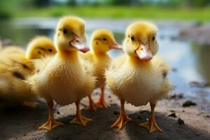 ai generado linda mullido pequeño pequeño amarillo patos ai generado foto