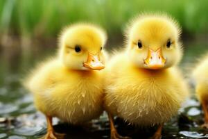 ai generado linda mullido pequeño pequeño amarillo patos ai generado foto