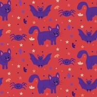 Funny magical seamless pattern with cute animals. Flat kawaii magical cat, bat, spider on red background. Witch related animals. Graphic print design for wrapping paper, textile, background, banner vector