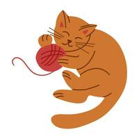 Flat hand drawn sleepy cat lying with ball of wool. Vector hand drawn elements in flat minimalistic style. Trendy illustration for sticker decoration.