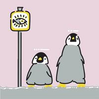 Two penguin chicks waiting for something near a marker with a fish symbol vector