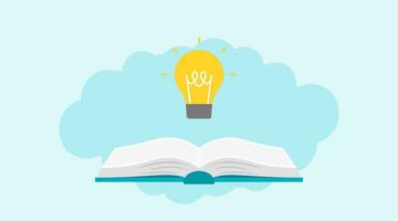 Open book with a glowing light bulb conveys the message the importance of learning for generating ideas and achieving goals vector