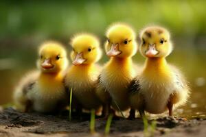 ai generado linda mullido pequeño pequeño amarillo patos ai generado foto