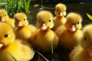 ai generado linda mullido pequeño pequeño amarillo patos ai generado foto