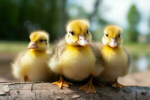 ai generado linda mullido pequeño pequeño amarillo patos ai generado foto