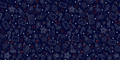 Vector seamless pattern with outline symbols of Christmas and New Year. Illustration on dark blue background. Festive wallpapers