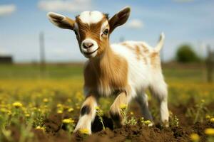 ai generado linda pequeño bebé cabra en el campo ai generado foto