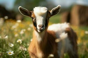 AI generated Cute Little baby goat in the field AI Generated photo