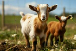 ai generado linda pequeño bebé cabra en el campo ai generado foto