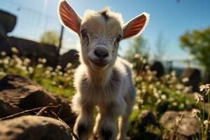 AI generated Cute Little baby goat in the field AI Generated photo