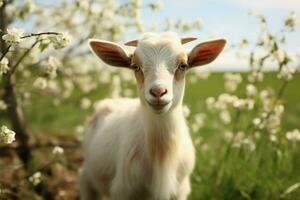 ai generado linda pequeño bebé cabra en el campo ai generado foto