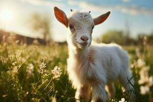 AI generated Cute Little baby goat in the field AI Generated photo