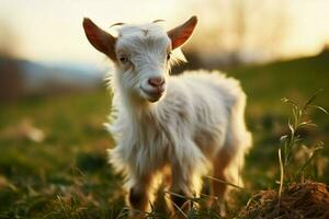 ai generado linda pequeño bebé cabra en el campo ai generado foto