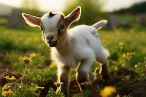 ai generado linda pequeño bebé cabra en el campo ai generado foto