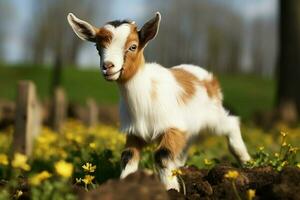 ai generado linda pequeño bebé cabra en el campo ai generado foto