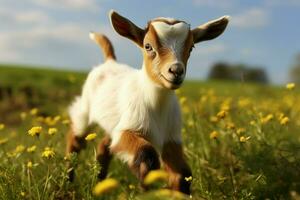 ai generado linda pequeño bebé cabra en el campo ai generado foto