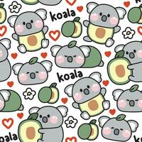 Seamless pattern of cute koala bear in avocado costume with heart and flower on white background.Wild animal character cartoon design.Image for card,poster,baby clothing.Kawaii.Vector.Illustration. vector