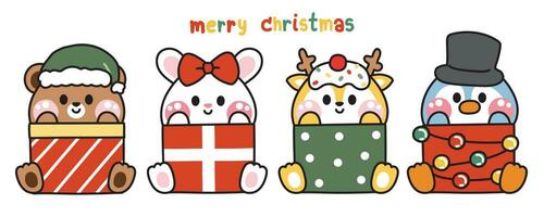 Set of cute animals stay in gift box merry christmas concept.Winter festival.Santa.Teddy bear,rabbit,deer,penguin hand drawn.Kid graphic.Kawaii.Vector.Illustration. vector