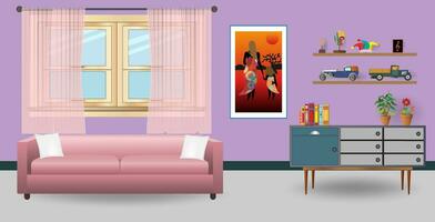 Retro colorful living room interior design. Flat style vector illustration