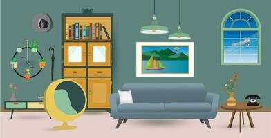 Retro colorful living room interior design. Flat style vector illustration