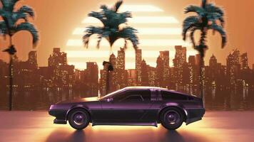 Loop car at sunset against the backdrop of the city retro wave in the style of the 80s video