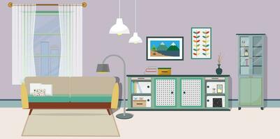 Retro colorful living room interior design. Flat style vector illustration eps10