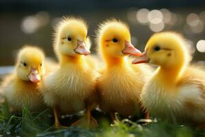 ai generado linda mullido pequeño pequeño amarillo patos ai generado foto