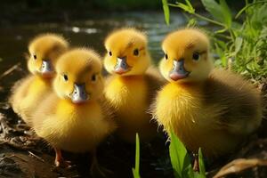 ai generado linda mullido pequeño pequeño amarillo patos ai generado foto