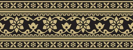 Vector seamless gold and black Indian national ornament. Ethnic endless plant border. Flowers frame. Poppies and leaves