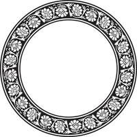 Vector round monochrome black Indian national ornament. Ethnic plant circle, border. Frame, flower ring. Poppies and leaves