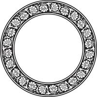 Vector round monochrome black Indian national ornament. Ethnic plant circle, border. Frame, flower ring. Poppies and leaves