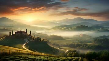 AI generated Beautiful landscape of Tuscany, Italy, at sunrise photo