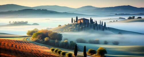 AI generated Beautiful landscape of Tuscany, Italy, at sunrise photo