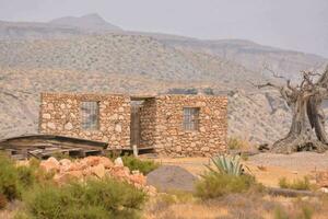 an old stone building in the desert with a dead tree photo