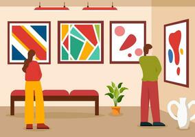 Exhibition Visitors Viewing a Gallery with Modern Abstract Painting at Contemporary in Exposition Hall in Flat Cartoon Background Vector Illustration