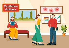 Exhibition Visitors Viewing a Gallery with Modern Abstract Painting at Contemporary in Exposition Hall in Flat Cartoon Background Vector Illustration