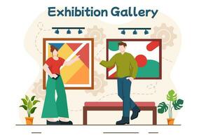 Exhibition Visitors Viewing a Gallery with Modern Abstract Painting at Contemporary in Exposition Hall in Flat Cartoon Background Vector Illustration