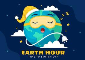 Happy Earth Hour Day Vector Illustration with Cloud, Light bulb, World Map and Time to Turn Off in Flat Cartoon Background Design