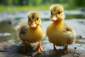 ai generado linda mullido pequeño pequeño amarillo patos ai generado foto