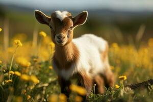 ai generado linda pequeño bebé cabra en el campo ai generado foto