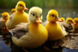 ai generado linda mullido pequeño pequeño amarillo patos ai generado foto