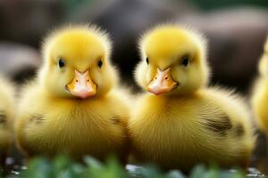 ai generado linda mullido pequeño pequeño amarillo patos ai generado foto