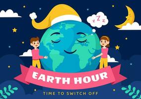 Happy Earth Hour Day Vector Illustration with Cloud, Light bulb, World Map and Time to Turn Off in Flat Cartoon Background Design