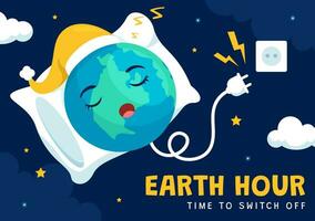 Happy Earth Hour Day Vector Illustration with Cloud, Light bulb, World Map and Time to Turn Off in Flat Cartoon Background Design