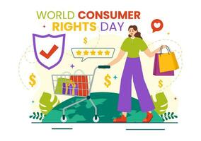 mundo consumidor derechos día vector ilustración en 15 marzo con compras pantalones a ser respetado y protegido en plano dibujos animados antecedentes