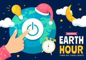 Happy Earth Hour Day Vector Illustration with Cloud, Light bulb, World Map and Time to Turn Off in Flat Cartoon Background Design