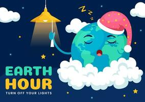 Happy Earth Hour Day Vector Illustration with Cloud, Light bulb, World Map and Time to Turn Off in Flat Cartoon Background Design