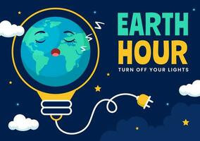 Happy Earth Hour Day Vector Illustration with Cloud, Light bulb, World Map and Time to Turn Off in Flat Cartoon Background Design