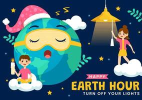 Happy Earth Hour Day Vector Illustration with Cloud, Light bulb, World Map and Time to Turn Off in Flat Cartoon Background Design